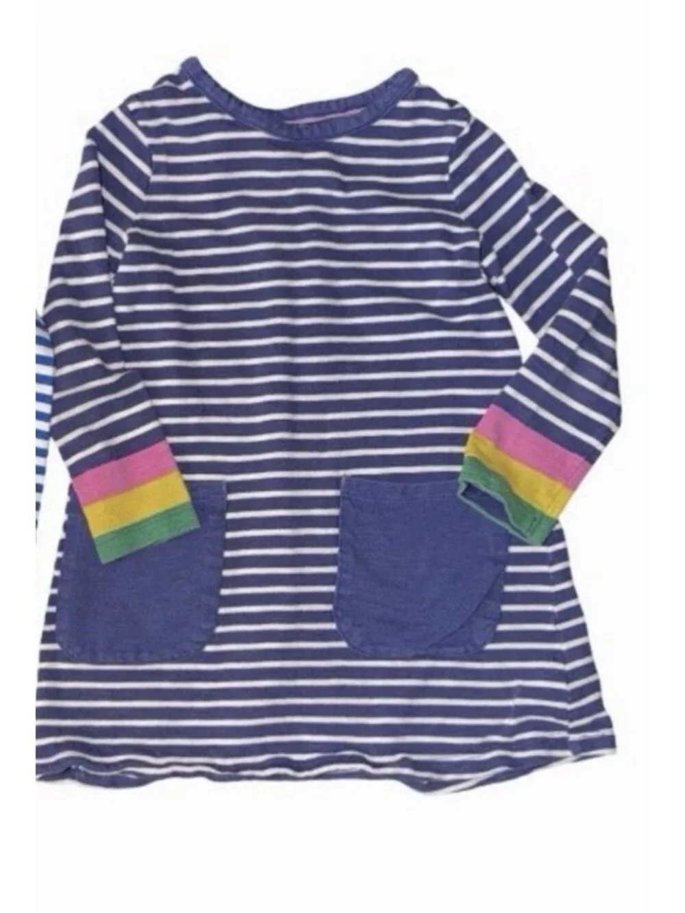 Mini Boden 5-6Y White And Blue Striped Rainbow Cuff dress Nautical Coastal